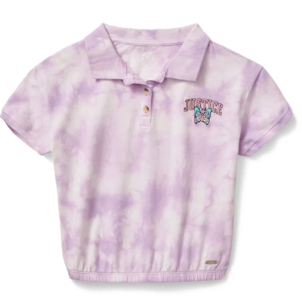 JUSTICE Polo Tie-Dye Purple Cinch Bottom Shirt GIRLS SIZE S 7-8 NEW
